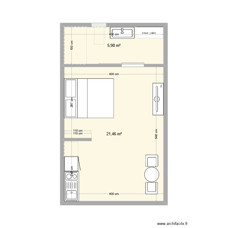 Moorea1. Plan de 2 pièces et 27 m2