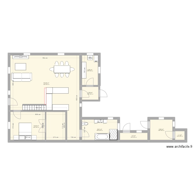 RDC. Plan de 8 pièces et 96 m2