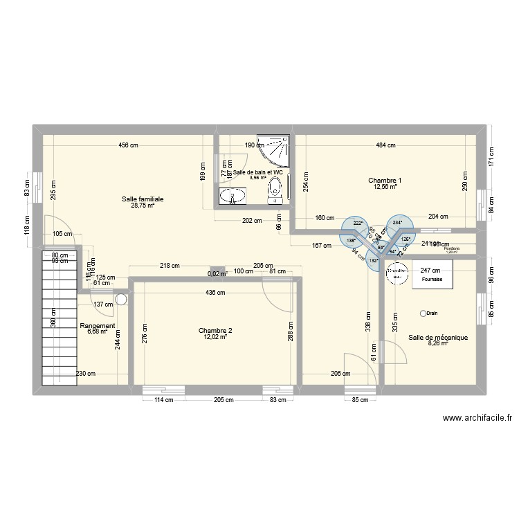 sous sol aménagé essai. Plan de 8 pièces et 73 m2