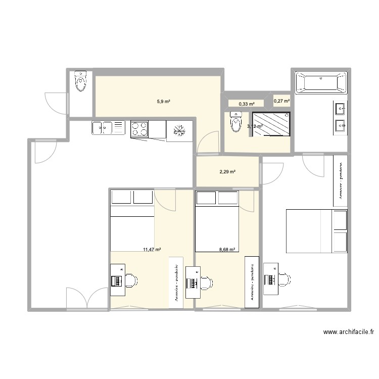 chambres D5.04.4. Plan de 7 pièces et 34 m2