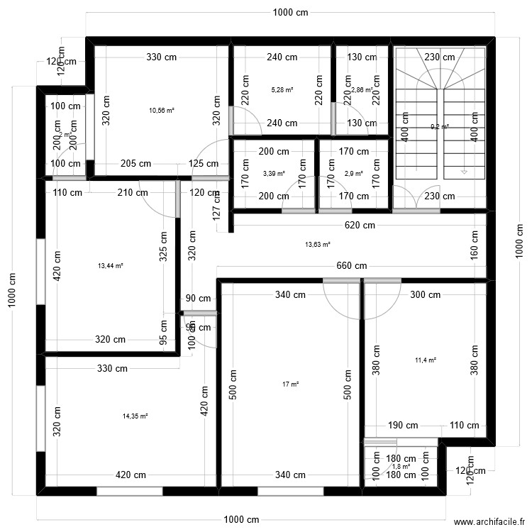 plan 100. Plan de 13 pièces et 108 m2