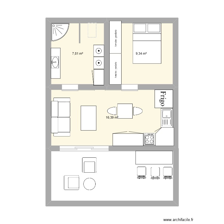 maison 36m2 avec 1 chambre. Plan de 3 pièces et 34 m2