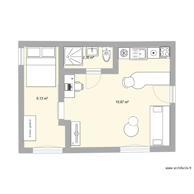 plan studio 2. Plan de 3 pièces et 30 m2