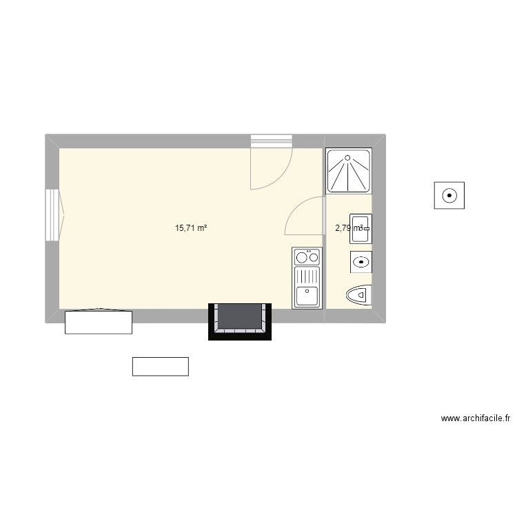 RDC RU. Plan de 2 pièces et 18 m2