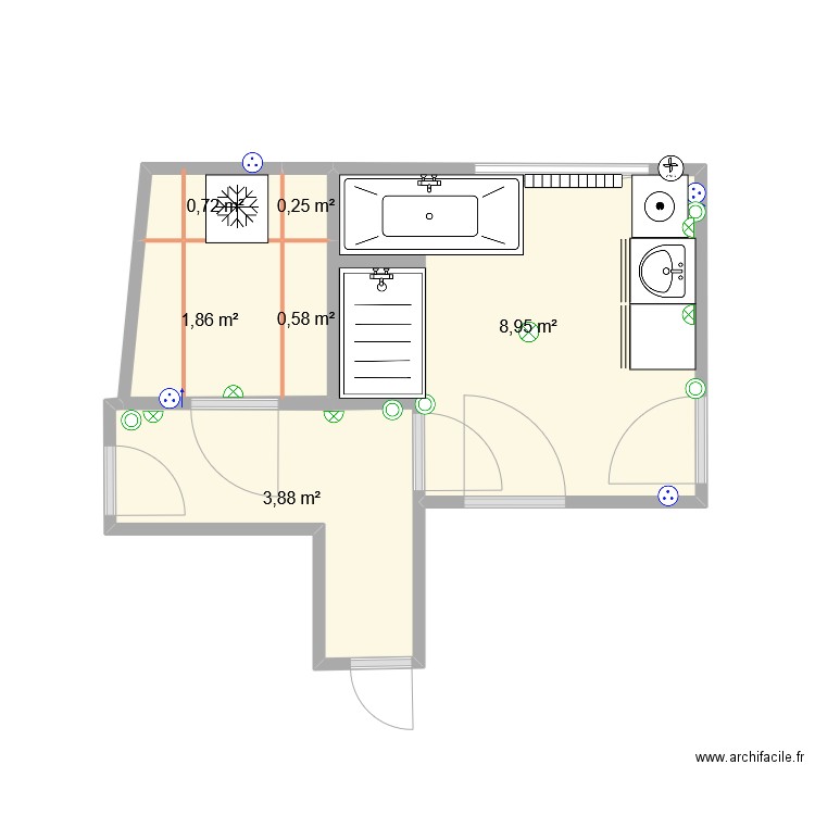 salle de bain. Plan de 6 pièces et 16 m2