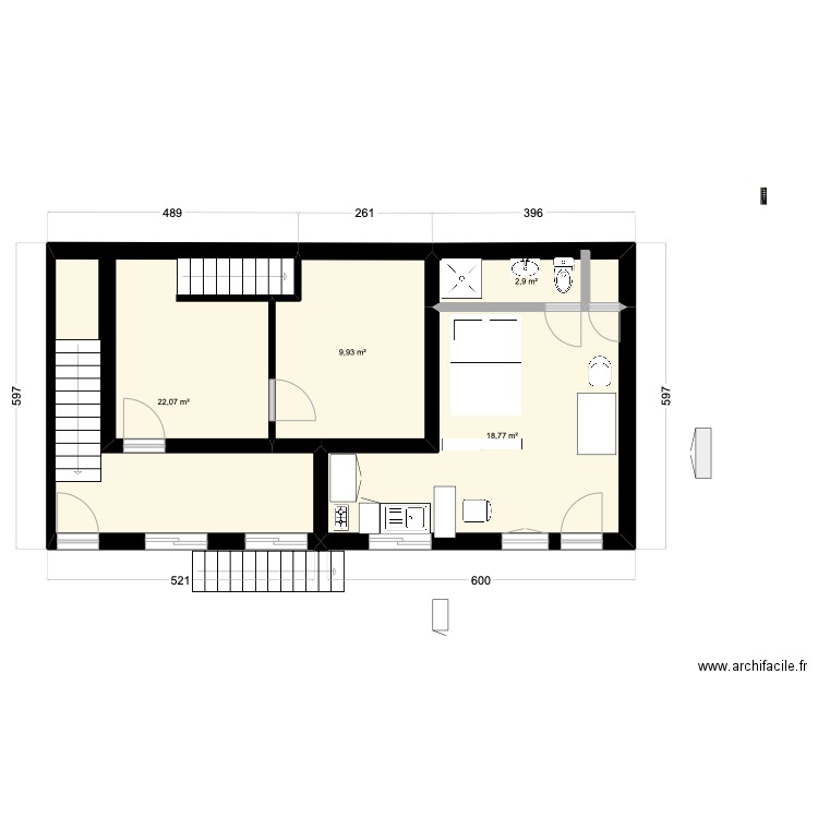 plan nouveau sous sol 26/1/25. Plan de 3 pièces et 55 m2