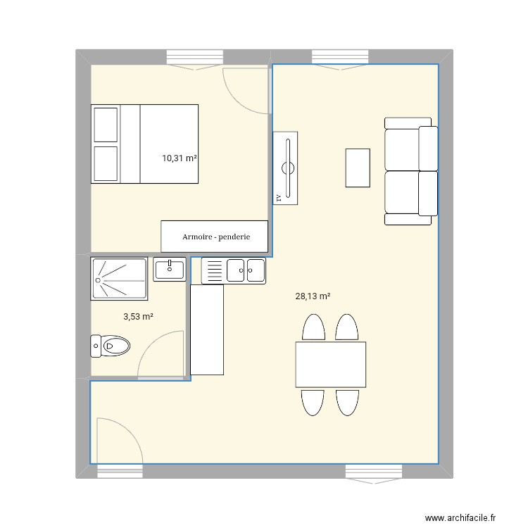 Appartement mulsant . Plan de 3 pièces et 42 m2