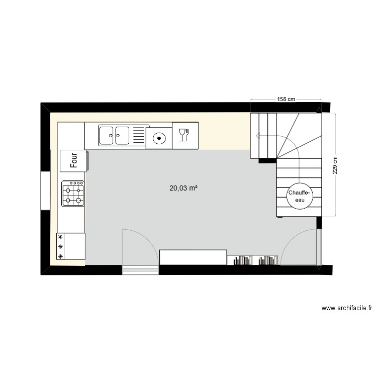 Cuisine sous sol. Plan de 1 pièce et 20 m2