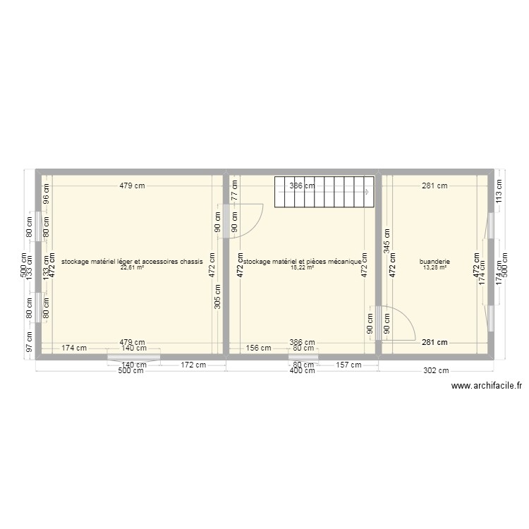 étage remise. Plan de 3 pièces et 54 m2