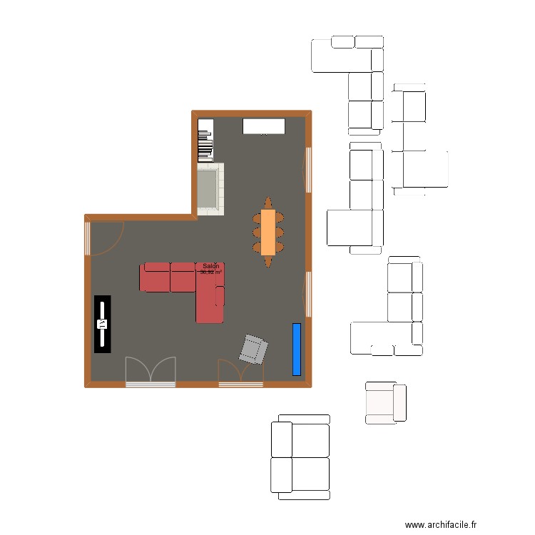 Salon actuel. Plan de 1 pièce et 37 m2