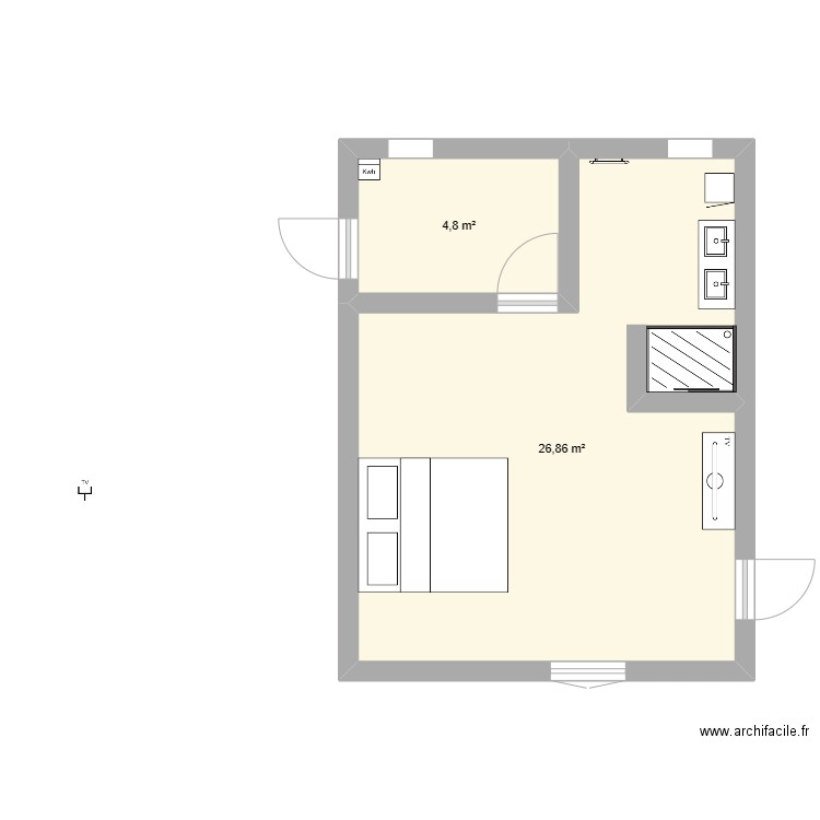 chambre. Plan de 2 pièces et 32 m2