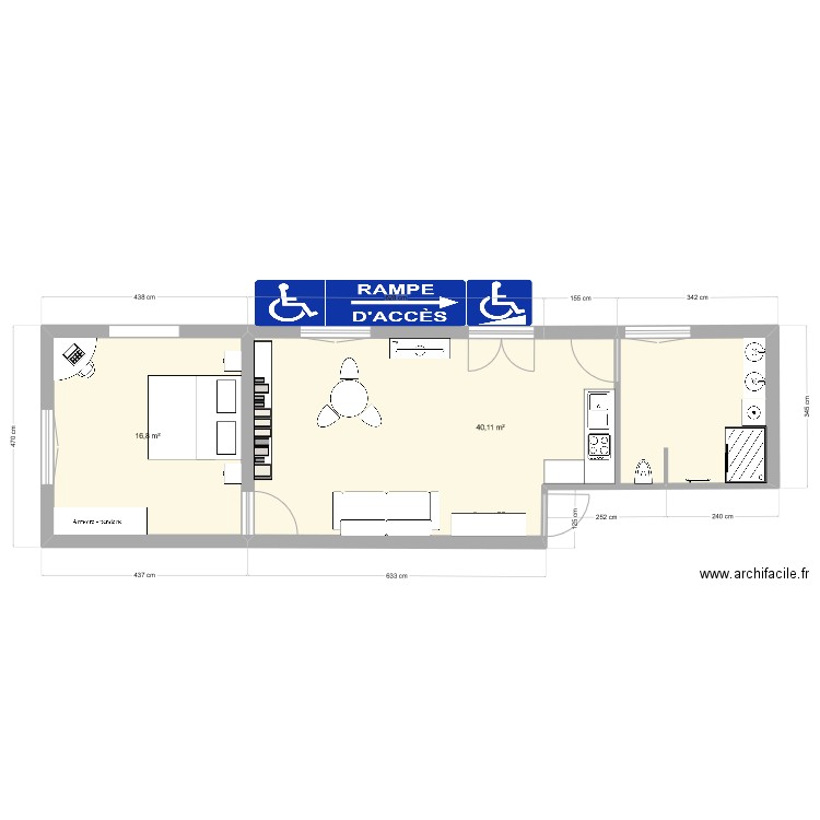 Gîte 2 pièces PMR. Plan de 2 pièces et 57 m2