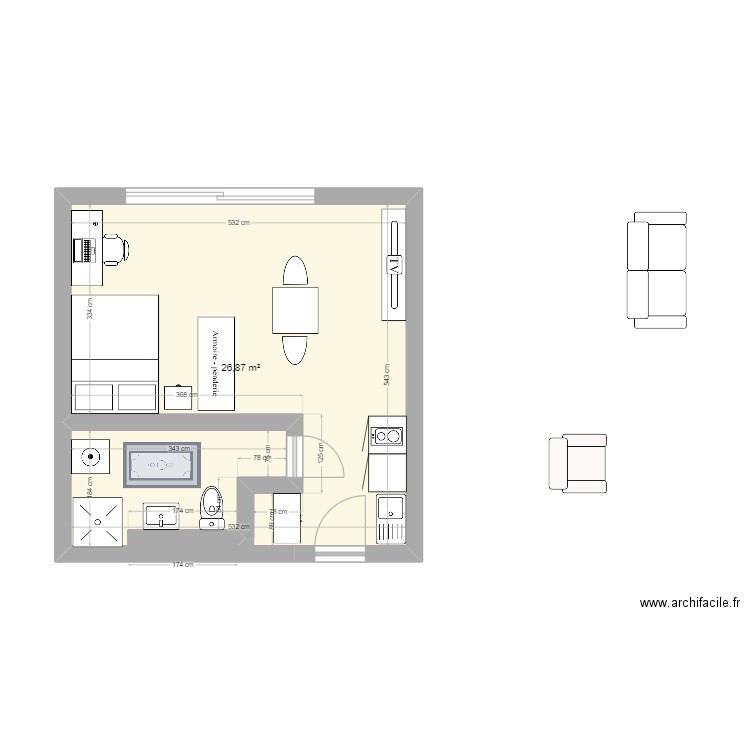 studiio. Plan de 1 pièce et 27 m2