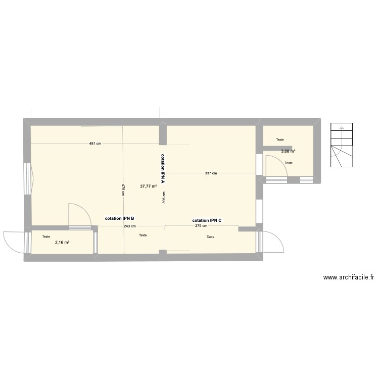 Projet RdC  Cotations IPNs . Plan de 3 pièces et 44 m2