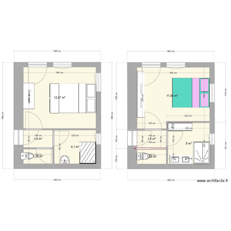 plan reprise chambre sdb. Plan de 8 pièces et 39 m2