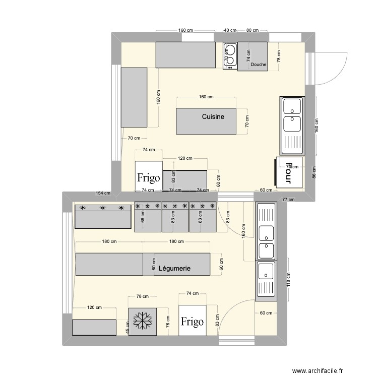 Cuisine. Plan de 2 pièces et 40 m2