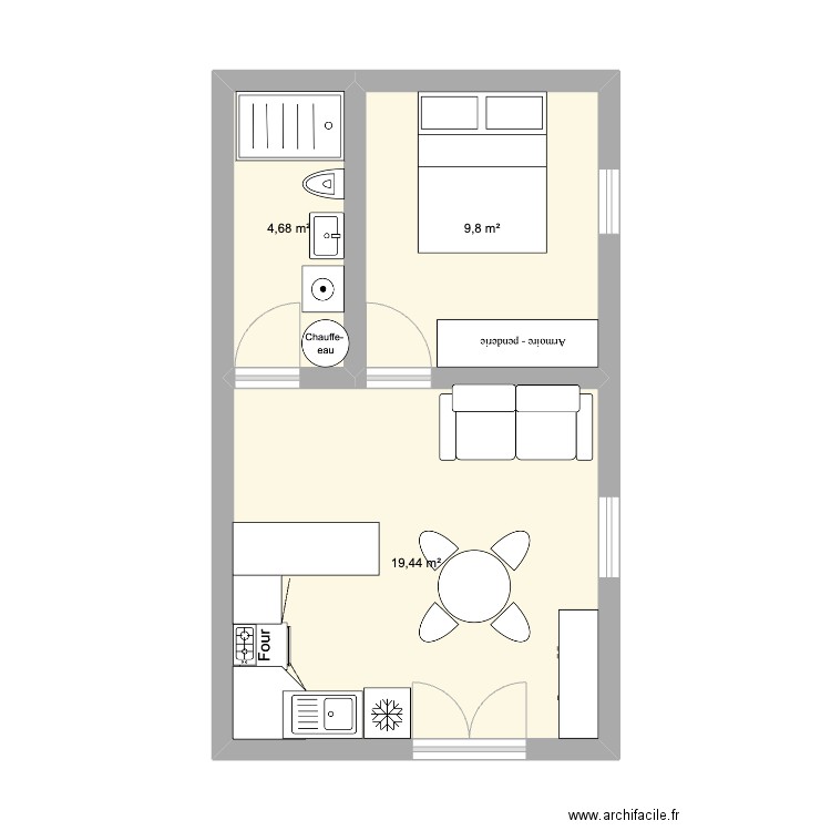 sans étage. Plan de 3 pièces et 34 m2