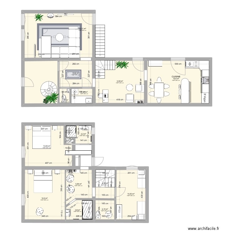 VICQ. Plan de 16 pièces et 125 m2