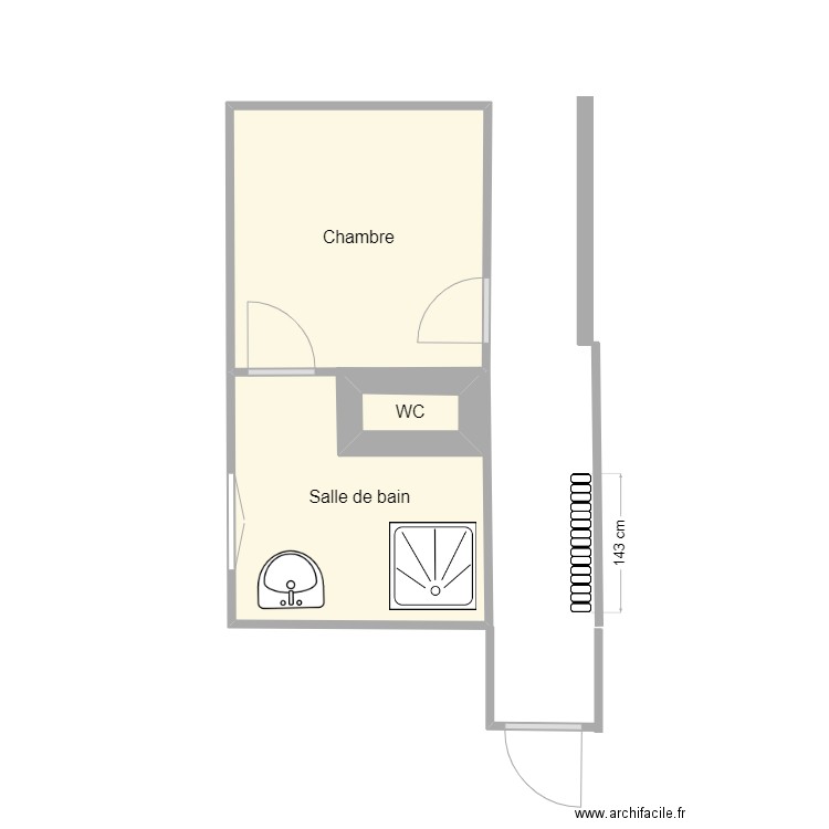 Partie nuit Chauvat. Plan de 3 pièces et 14 m2