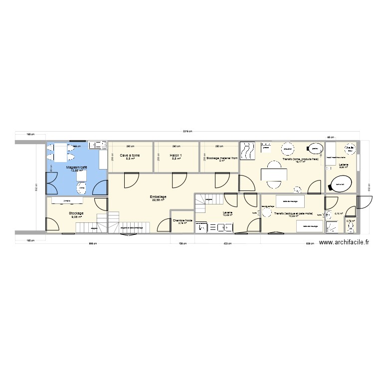 aménagement fromagerie. Plan de 13 pièces et 115 m2