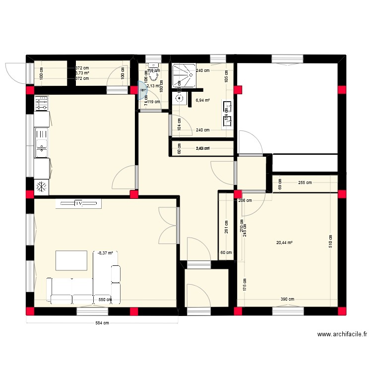 1er plan haut. Plan de 6 pièces et 58 m2