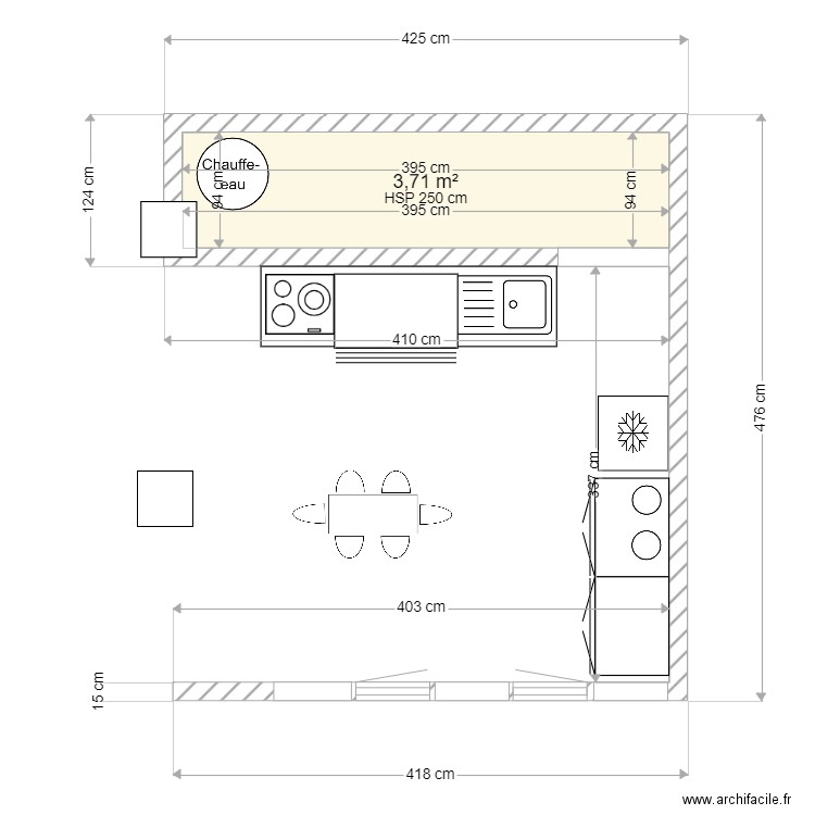 cuisine seule 0724. Plan de 1 pièce et 4 m2