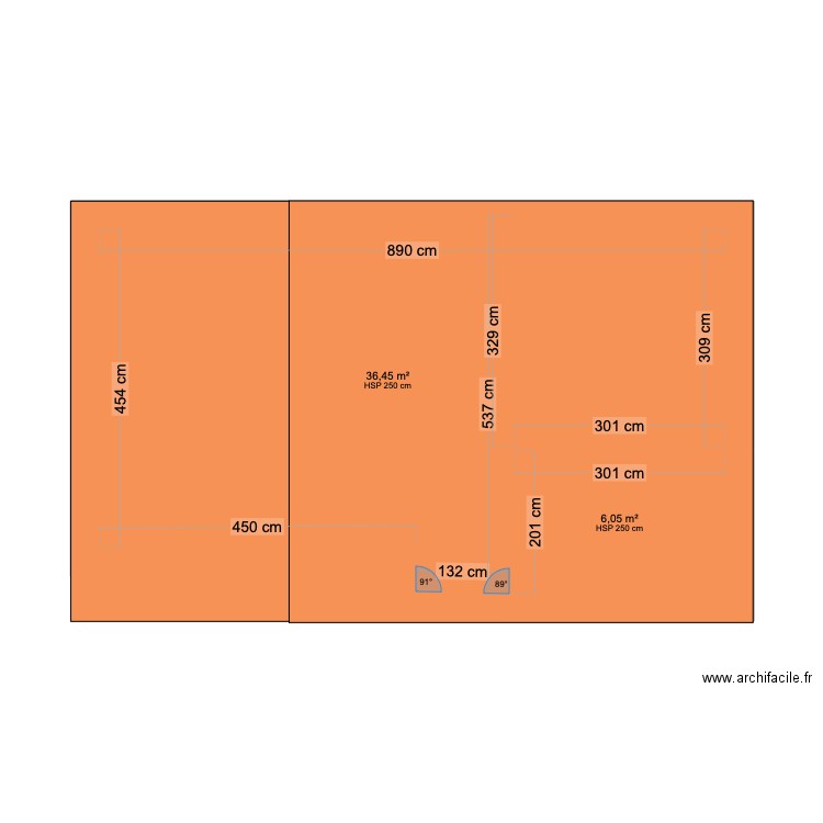 grange. Plan de 2 pièces et 43 m2