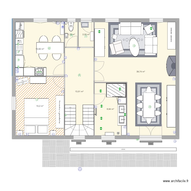 Rez de chaussée 1. Plan de 7 pièces et 95 m2