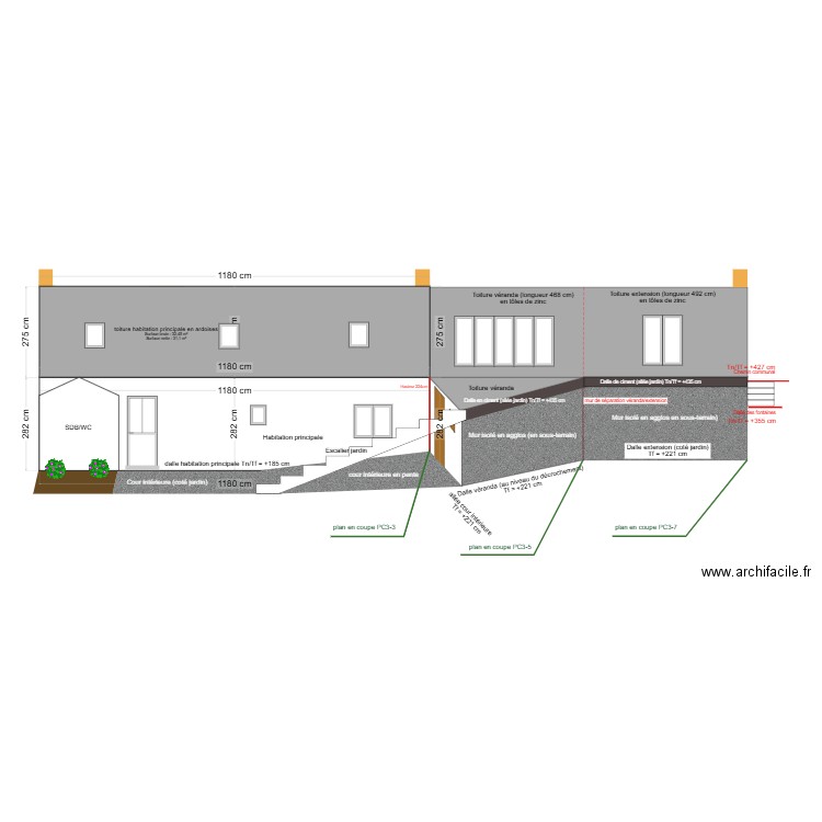 Façade Ouest_après projet (véranda/extension). Plan de 0 pièce et 0 m2