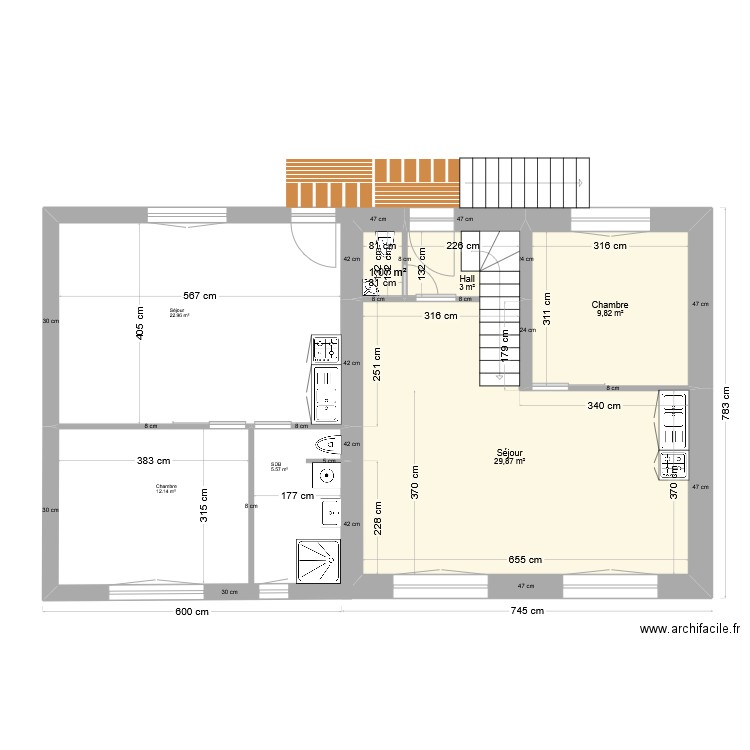 Plan R+1. Plan de 4 pièces et 44 m2