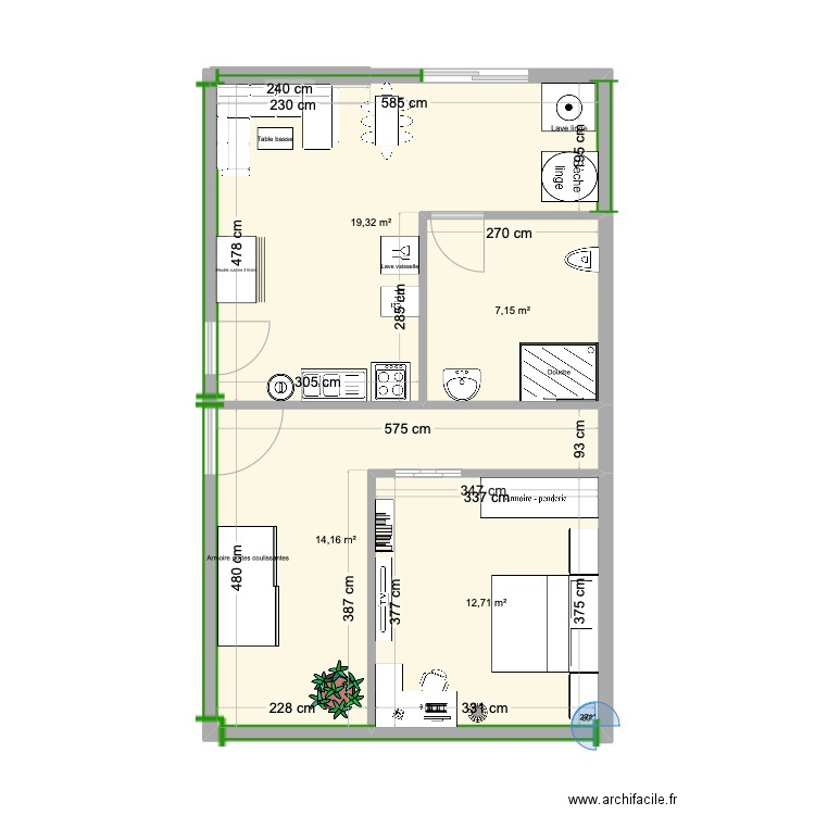 Studio personnes âgées. Plan de 4 pièces et 53 m2