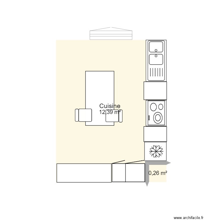 cuisine. Plan de 2 pièces et 13 m2