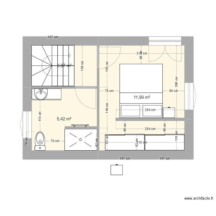 20240706 Cozette 1er etage test NT. Plan de 3 pièces et 21 m2