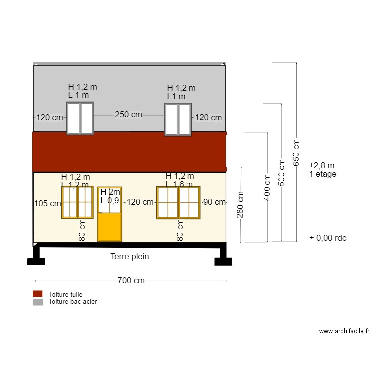 Façade. Plan de 1 pièce et 7 m2