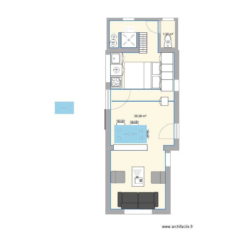 cabane avec agrandissement  V1. Plan de 2 pièces et 29 m2