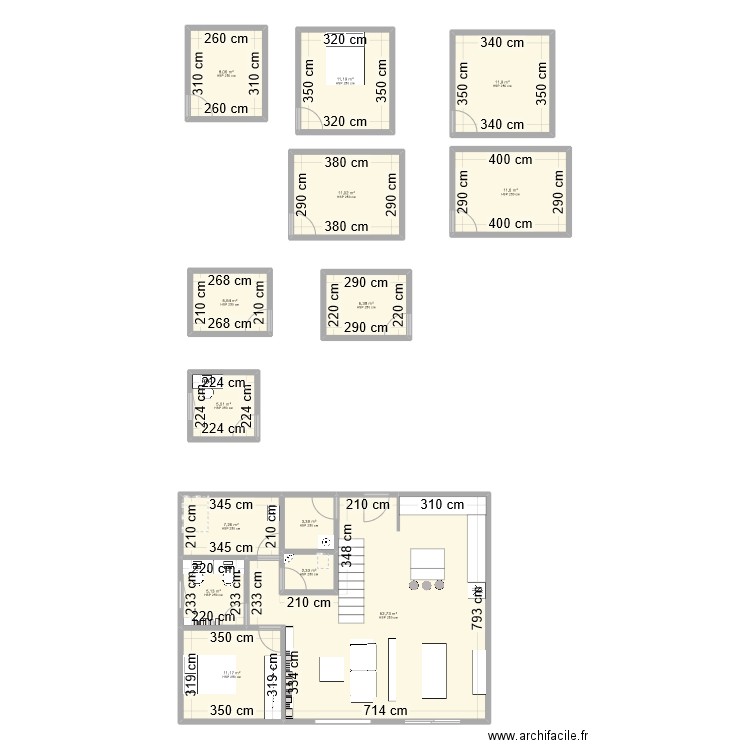 Maison 1 etage 82m2 RDC locale technique entrée. Plan de 14 pièces et 153 m2