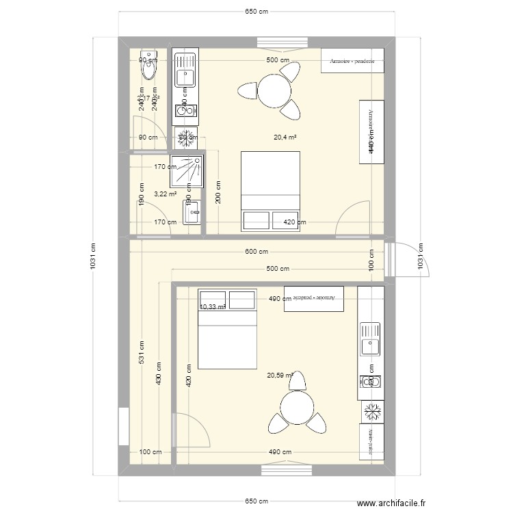 1er belly. Plan de 5 pièces et 57 m2