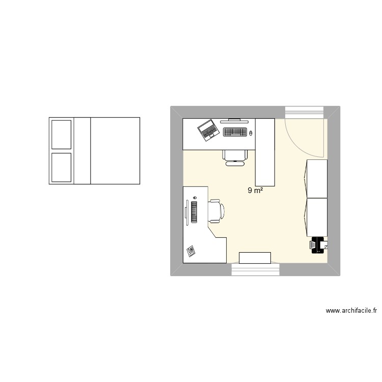 bureau canap 140 2. Plan de 1 pièce et 9 m2