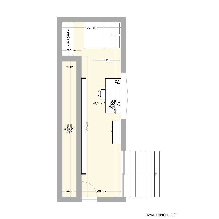 chanbre renov. Plan de 2 pièces et 25 m2