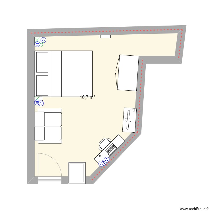 chambre 33/37. Plan de 1 pièce et 17 m2