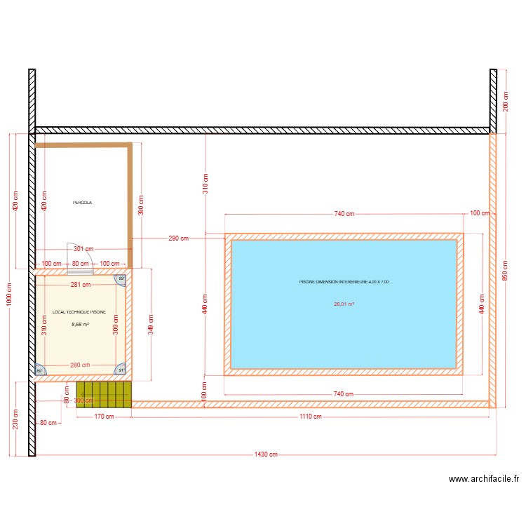 Travaux piscine. Plan de 2 pièces et 37 m2