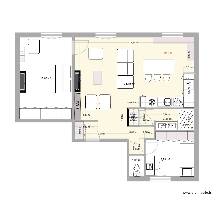 charlot 3. Plan de 6 pièces et 60 m2