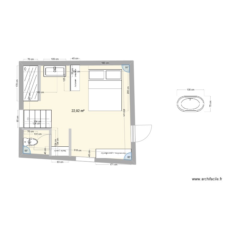 CHAMBRE 1 SDB v2. Plan de 1 pièce et 22 m2