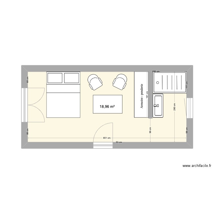 CHAMBRE ENZO V2 douche. Plan de 1 pièce et 19 m2