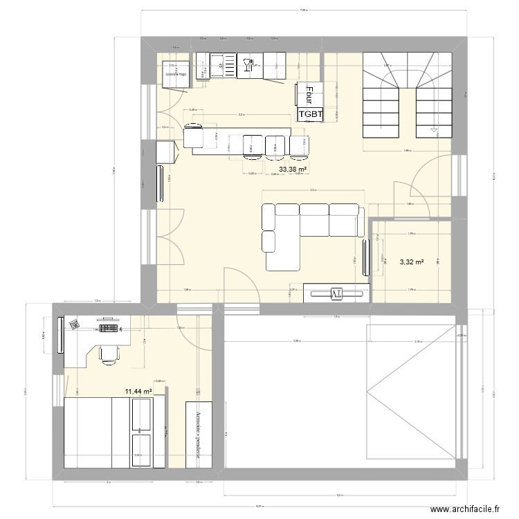 Oleron rez chaussé 050325. Plan de 3 pièces et 48 m2