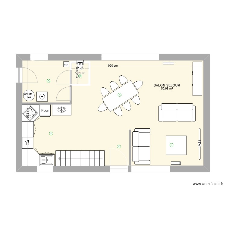 RDC . Plan de 2 pièces et 54 m2