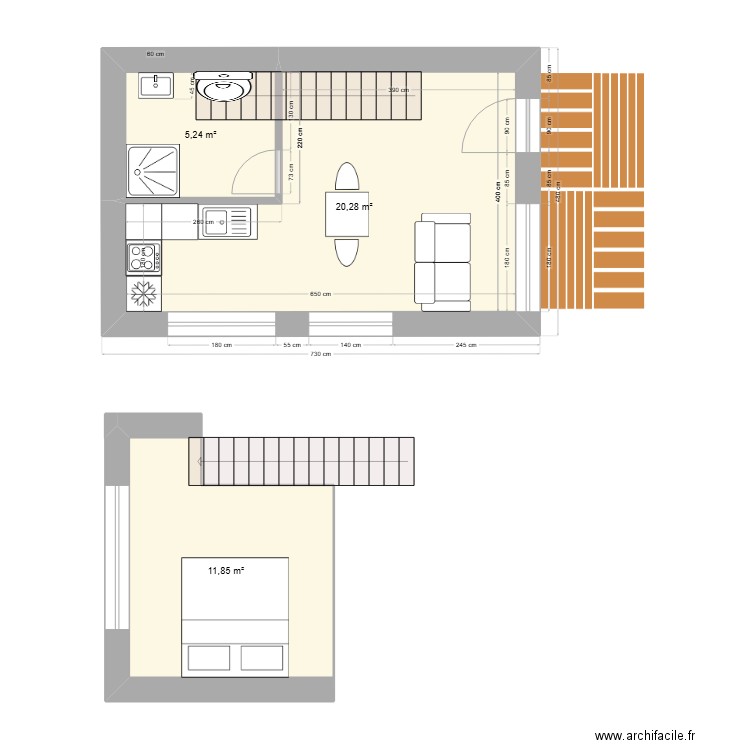 rdc . Plan de 3 pièces et 37 m2