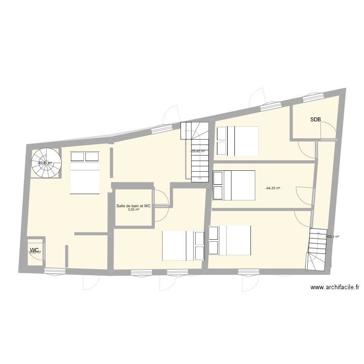 villecheneve ETAGE 2. Plan de 9 pièces et 140 m2