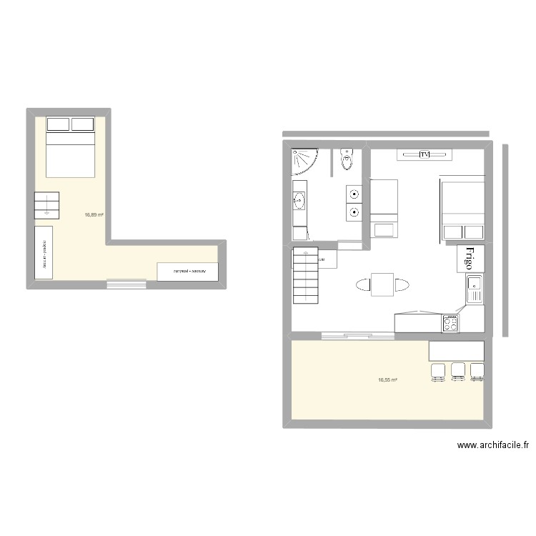 maison 36m2 avec 1 chambre v2. Plan de 2 pièces et 33 m2