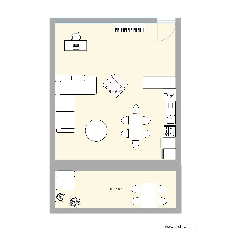 salon cuisine. Plan de 2 pièces et 51 m2